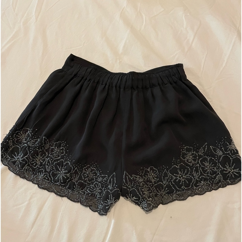 Embellished beaded flowers charcoal grey shorts. Elastic waist. comfortable fit